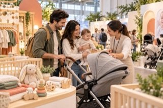 Familia recorre una muestra de productos infantiles y conversa con una expositora; escena editorial conceptual.