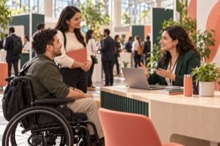 Conversación accesible en una feria de empleo entre una persona reclutadora y asistentes; escena conceptual.