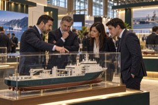 Profesionales de industria marítima observan un modelo de buque en un centro de convenciones; imagen conceptual.