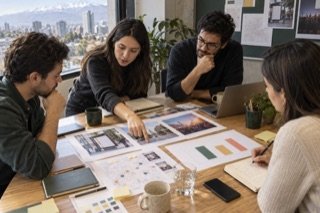 Equipo de marketing analiza un plan de medios y una proyección presupuestaria sin cifras legibles.