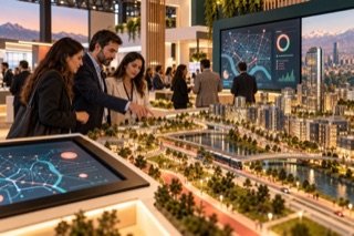 Asistentes observan una maqueta urbana interactiva en un encuentro de innovación; imagen conceptual, no del evento real.