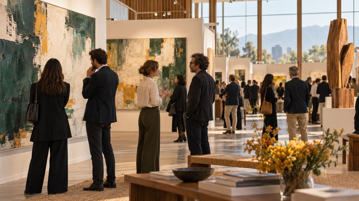 Visitantes recorren una exposición de arte contemporáneo con obras en distintos formatos; visualización editorial conceptual, no fotografía de Ch.ACO 17.