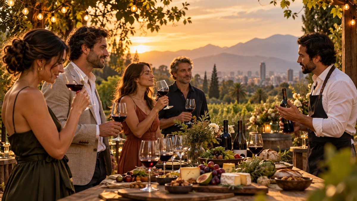 Visualización editorial conceptual de una degustación de vinos y productos gourmet en un jardín; no es una fotografía documental de Chile Wine Fest.