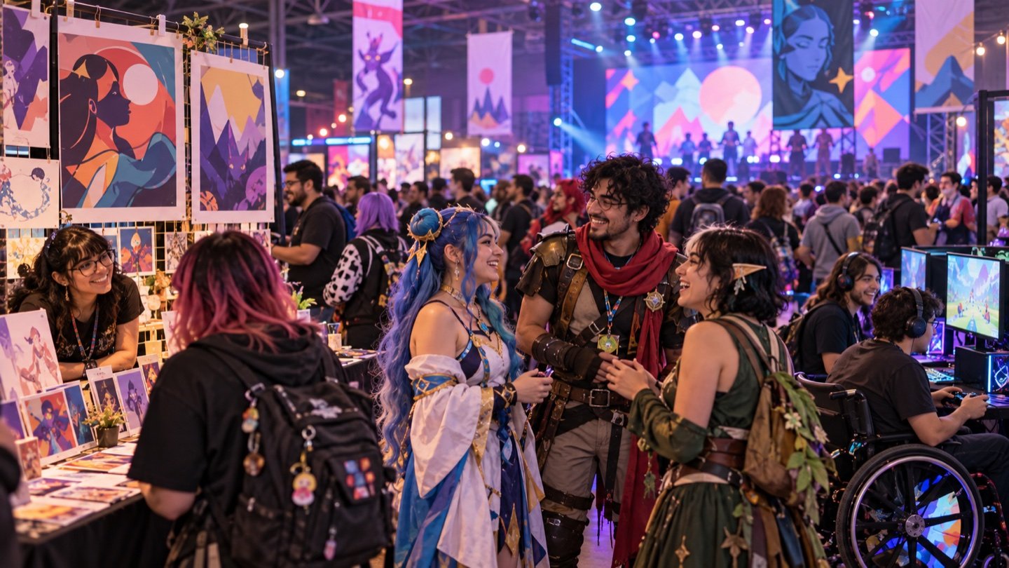Ilustración editorial de una convención de cultura pop con cosplay, cómic y videojuegos