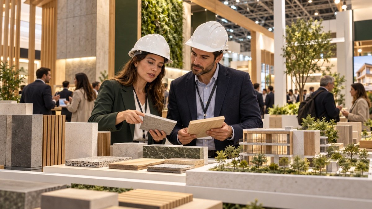 Visualización editorial conceptual de profesionales comparando muestras de construcción y arquitectura en una feria; no es una fotografía documental de Edifica.