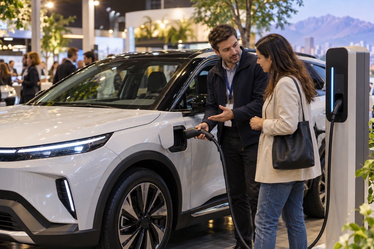 Visualización editorial conceptual de movilidad eléctrica con un vehículo y estación de carga en una exhibición; no representa una edición real de Experiencia E.