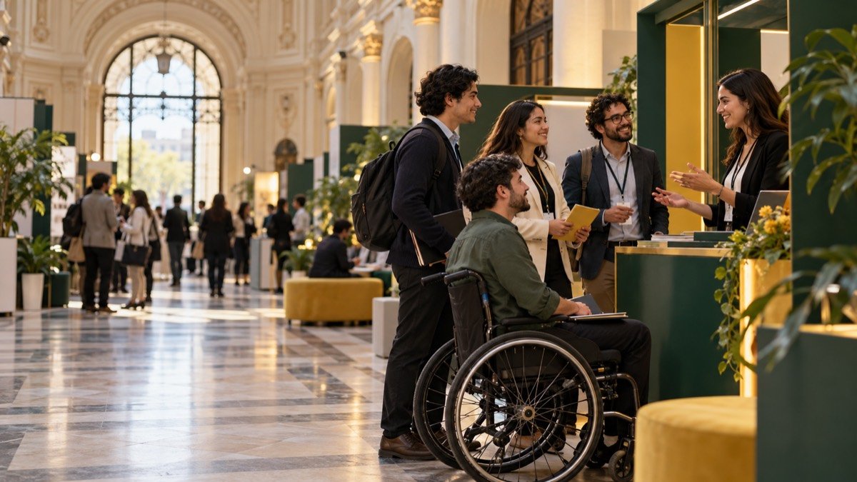 Visualización editorial conceptual de postulantes y reclutadores conversando en un espacio laboral accesible.