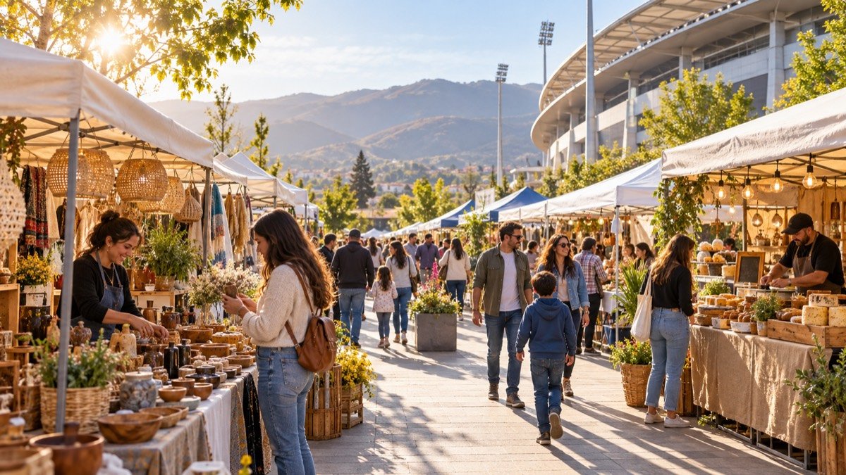 Visualización editorial conceptual de una feria regional con emprendimientos, gastronomía y familias junto a un estadio; no es una fotografía documental de Expo Quillota.