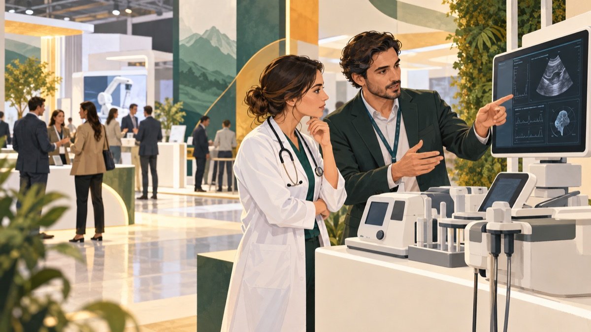 Visualización editorial conceptual de una feria profesional de salud con tecnología clínica, equipamiento médico y equipos sanitarios.