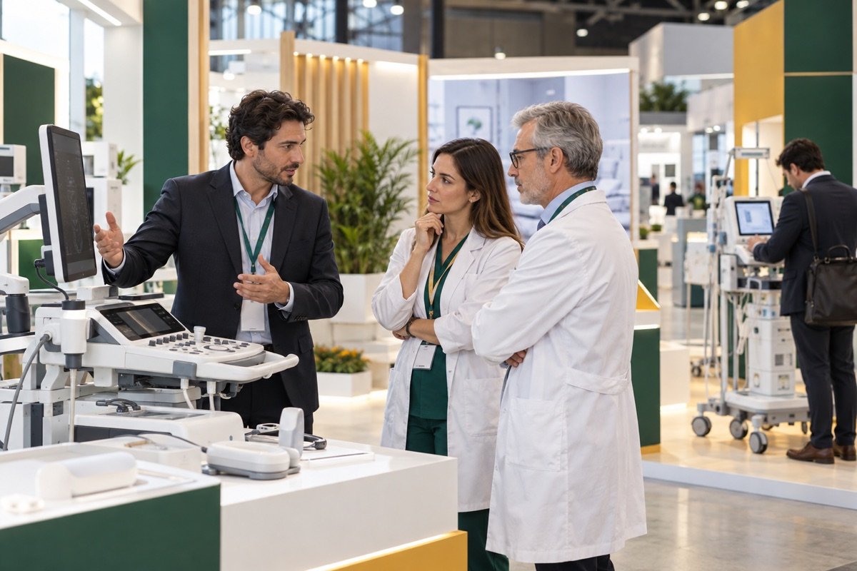 Visualización editorial conceptual de profesionales sanitarios conversando sobre equipamiento médico en una feria de tecnología para la salud.