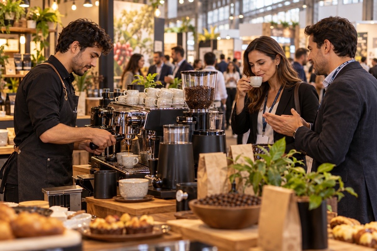 Visualización editorial conceptual de una barista preparando café en una feria gastronómica profesional; no es una fotografía documental de Expo Café Chile.