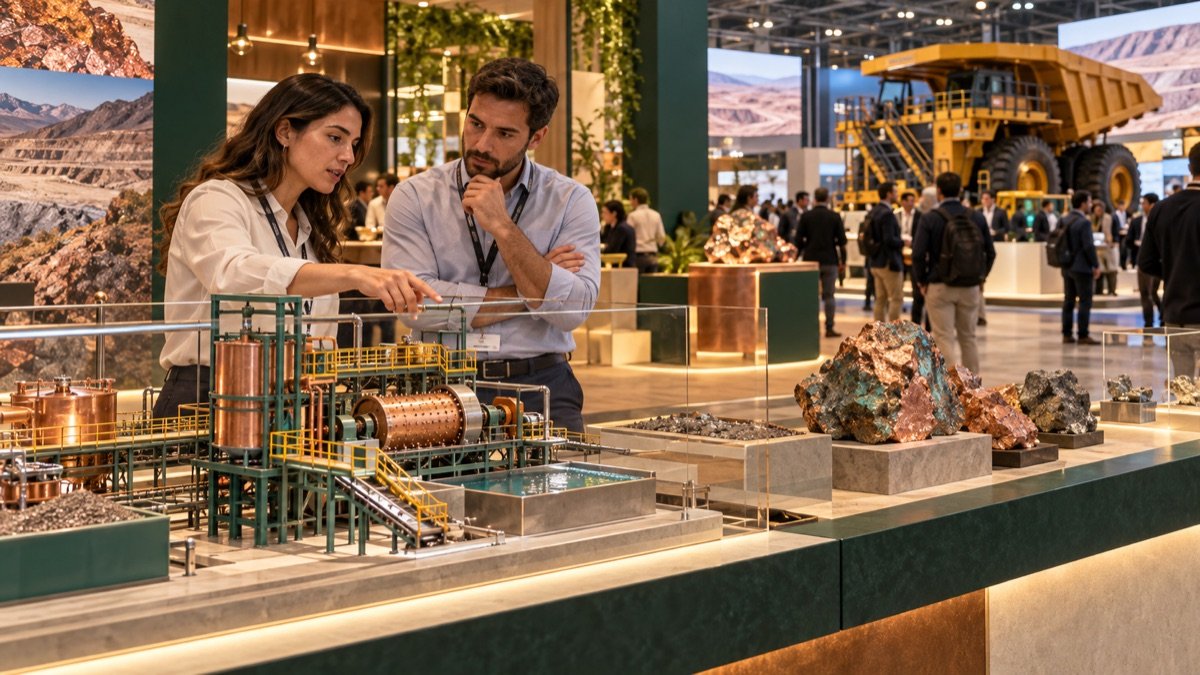 Visualización editorial conceptual de una feria minera profesional, con especialistas y equipos de procesamiento de minerales; no es una fotografía documental de Expomin.