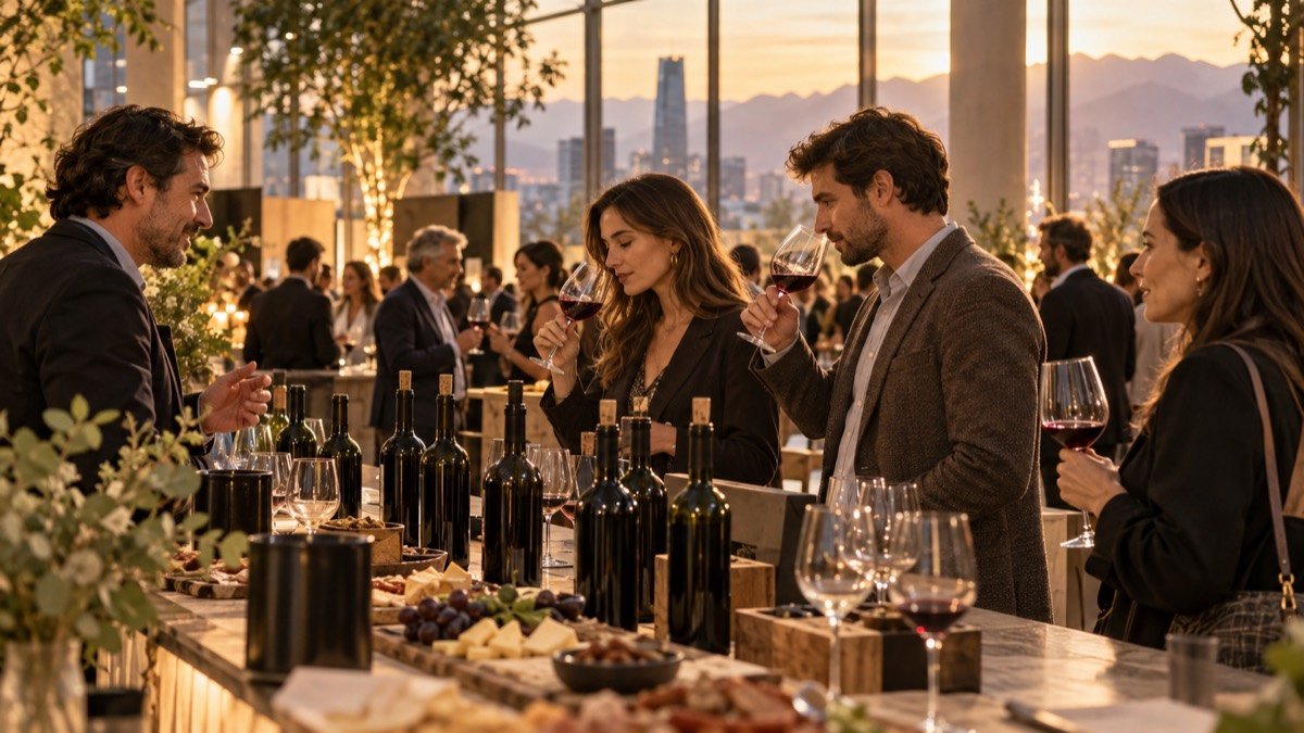 Visitantes conversan durante una degustación de vinos en una feria gastronómica; visualización editorial conceptual, no fotografía de ExpoVino.