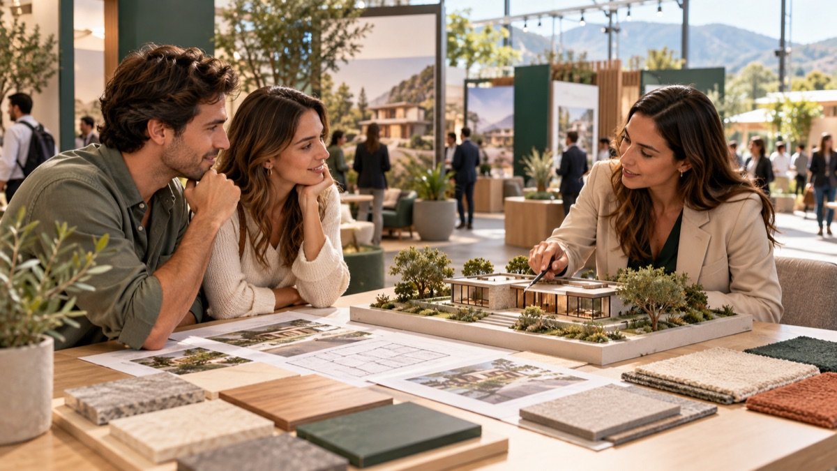 Visualización editorial conceptual de una familia revisando una maqueta de vivienda en una feria inmobiliaria; no es una fotografía documental de ExpoVivienda.