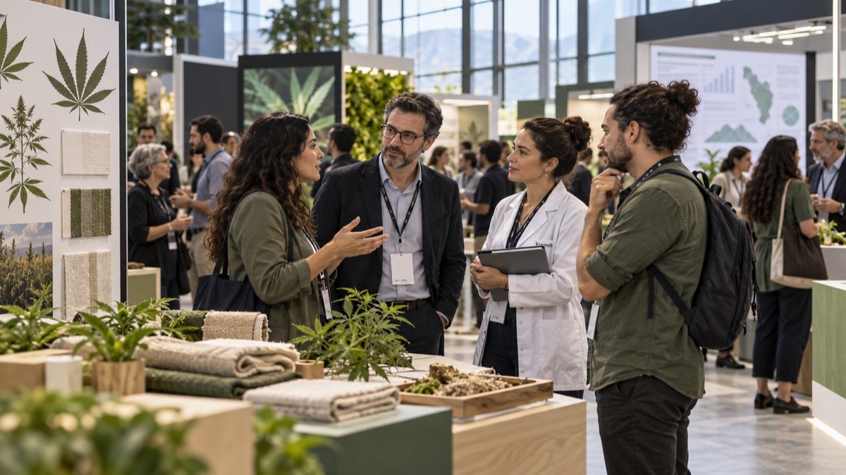 Visualización editorial conceptual de una feria educativa sobre cannabis, ciencia y políticas públicas; no es una fotografía documental de Expoweed.