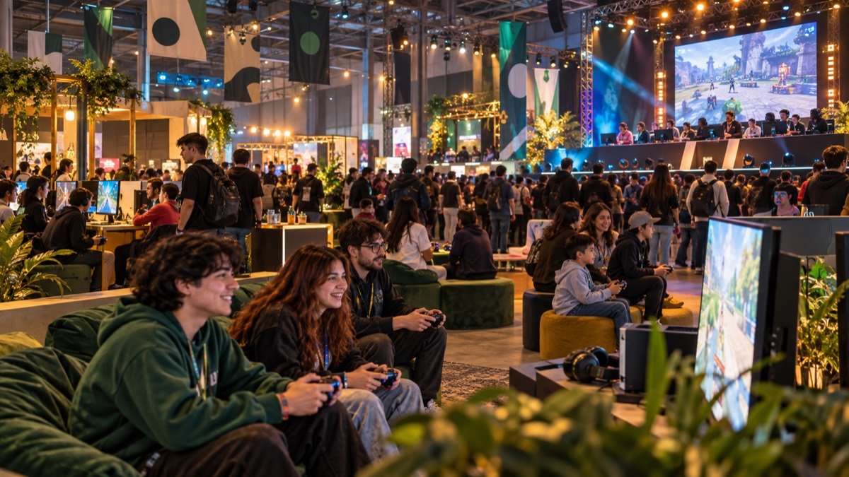 Público visita una feria de videojuegos con estaciones de juego, pantallas y luces de escenario; visualización conceptual, no fotografía de FestiGame.