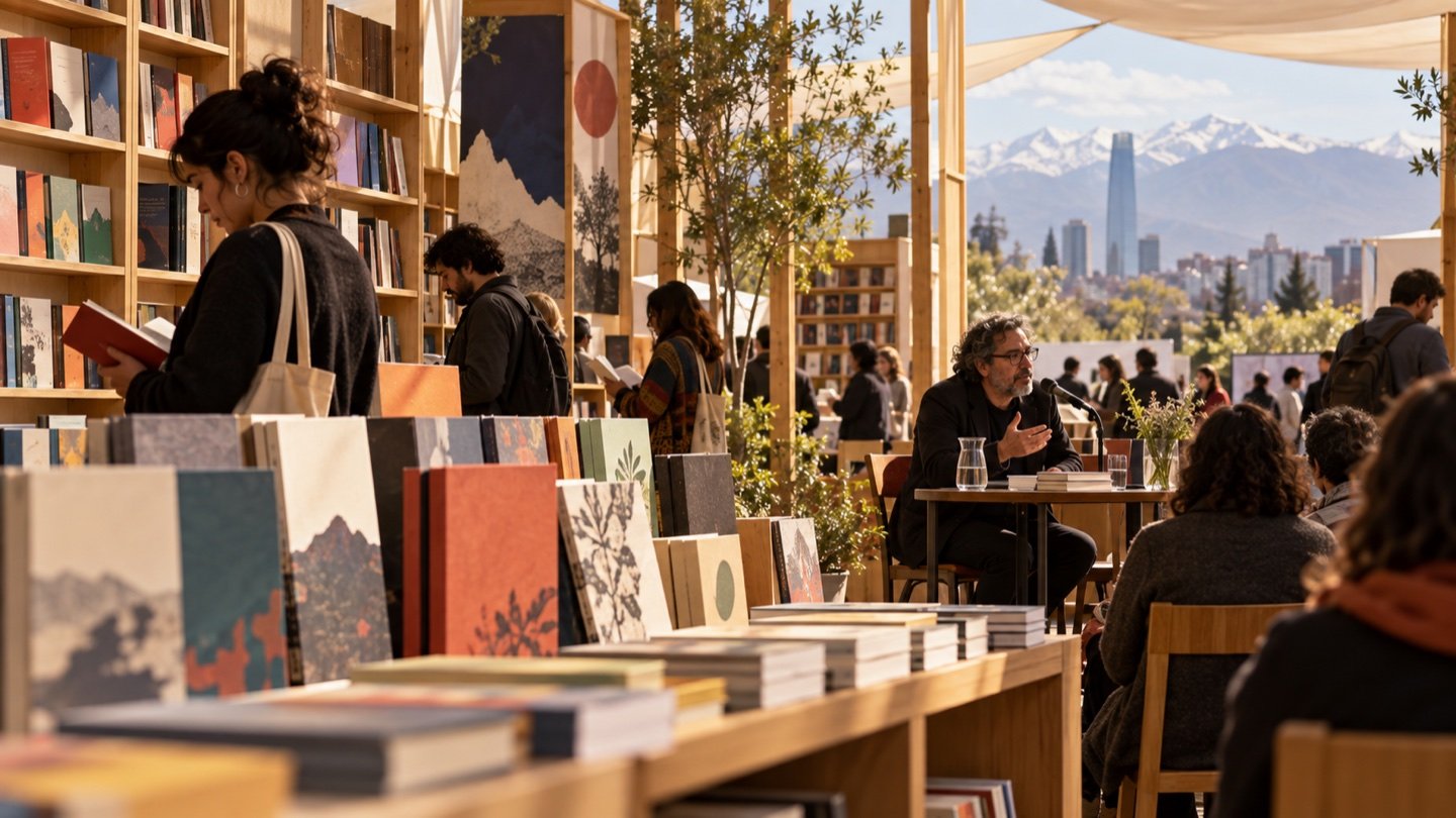 Ilustración editorial de una feria del libro con visitantes y estanterías de editoriales