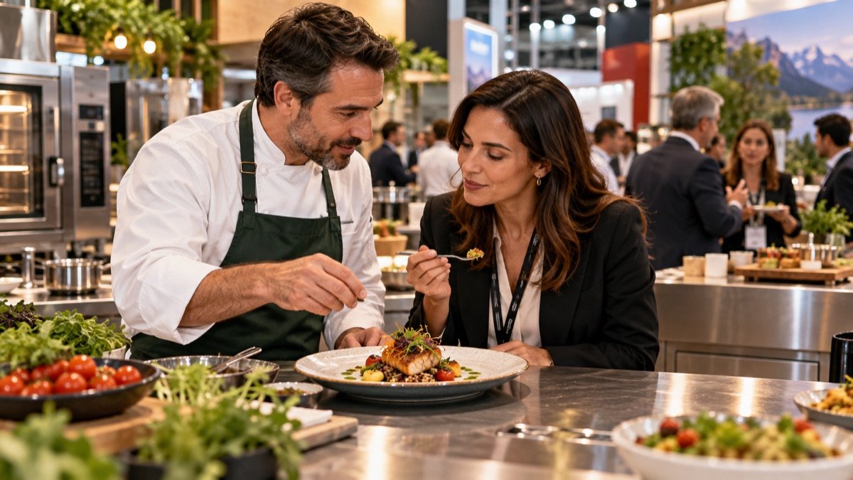 Visualización editorial conceptual de una degustación profesional con chef y comprador en una exhibición gastronómica; no es una fotografía documental de Food & Service.