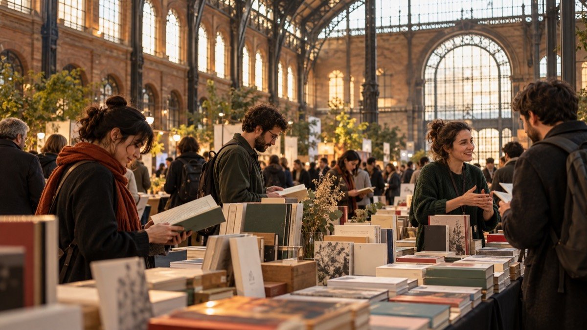 Visualización editorial conceptual de lectores y editoriales independientes en una feria del libro dentro de una nave patrimonial.