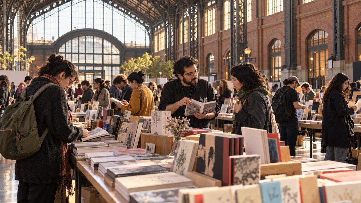 Visualización editorial conceptual de editoriales independientes y lectores en una feria del libro dentro de una nave ferroviaria patrimonial.