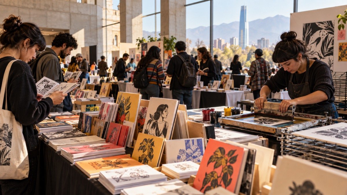 Visualización editorial conceptual de una feria de libros ilustrados, publicaciones independientes y serigrafía en un centro cultural de Santiago.