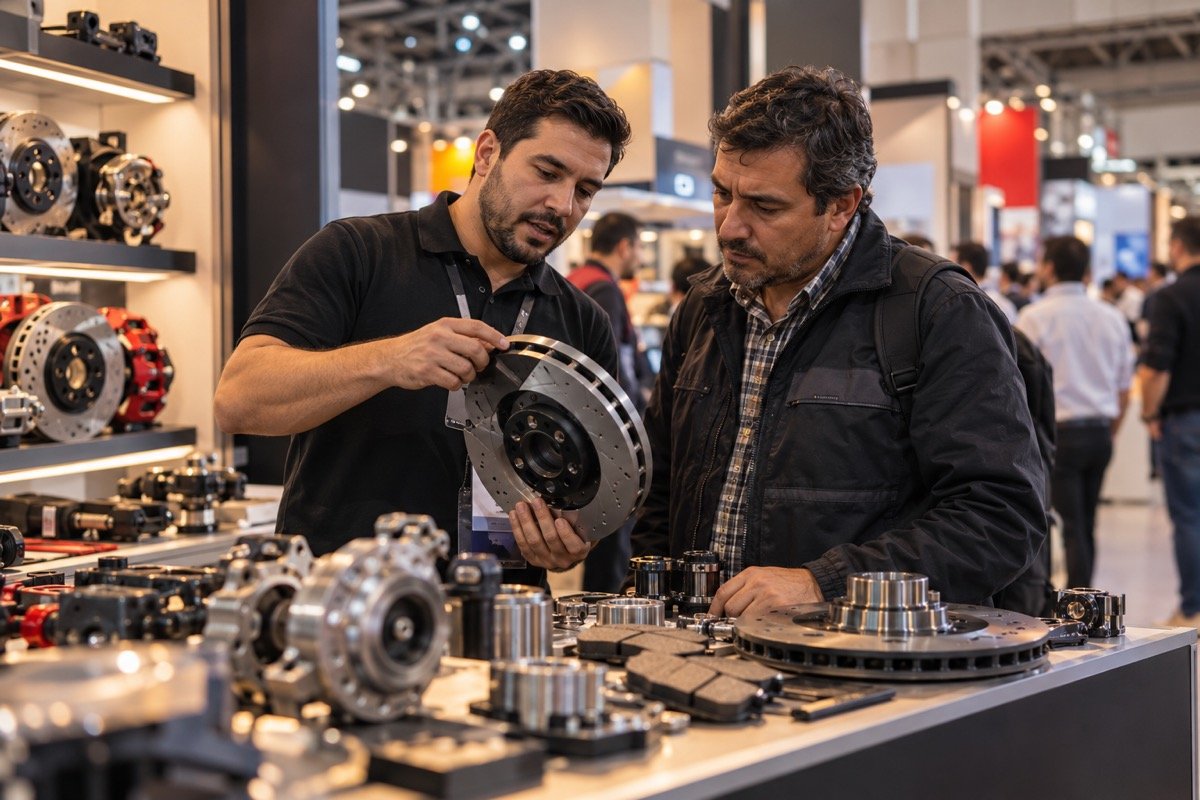 Visualización editorial conceptual de una exhibición de posventa automotriz: especialistas revisan un componente de freno y repuestos en un pabellón; no es una fotografía documental de Motortec Chile.