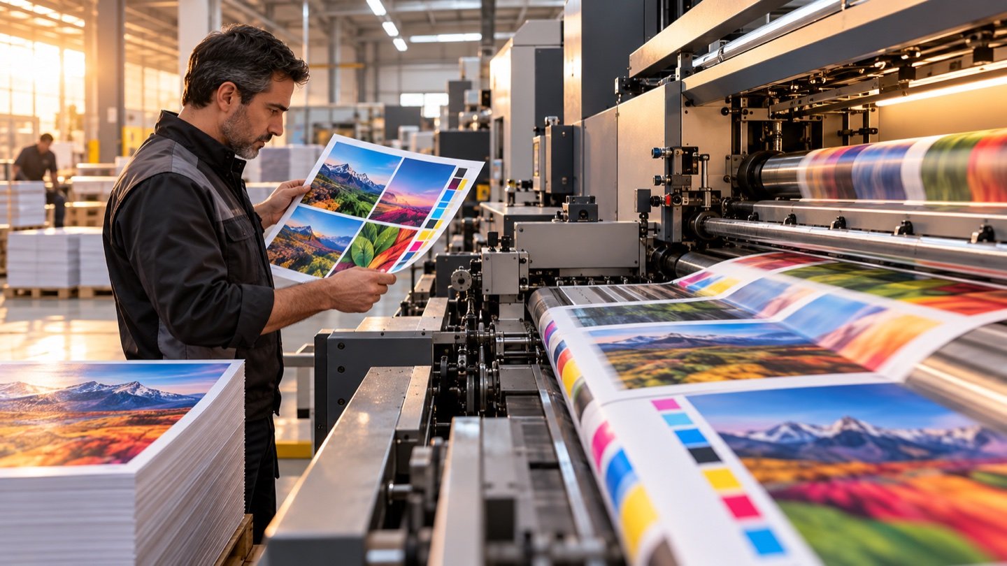 Ilustración editorial de una prensa de impresión trabajando con piezas gráficas de colores