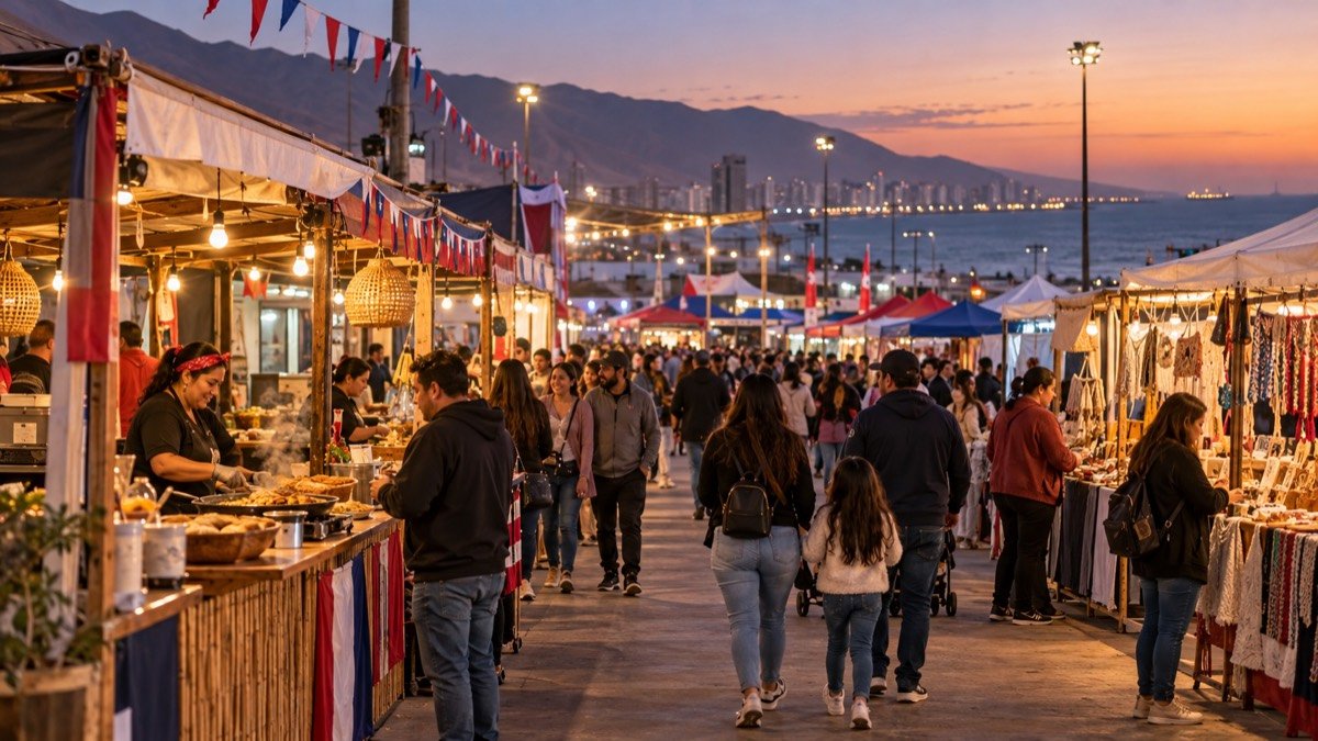 Visualización editorial conceptual de una feria dieciochera con puestos de gastronomía y emprendimientos en un recinto abierto de Antofagasta.