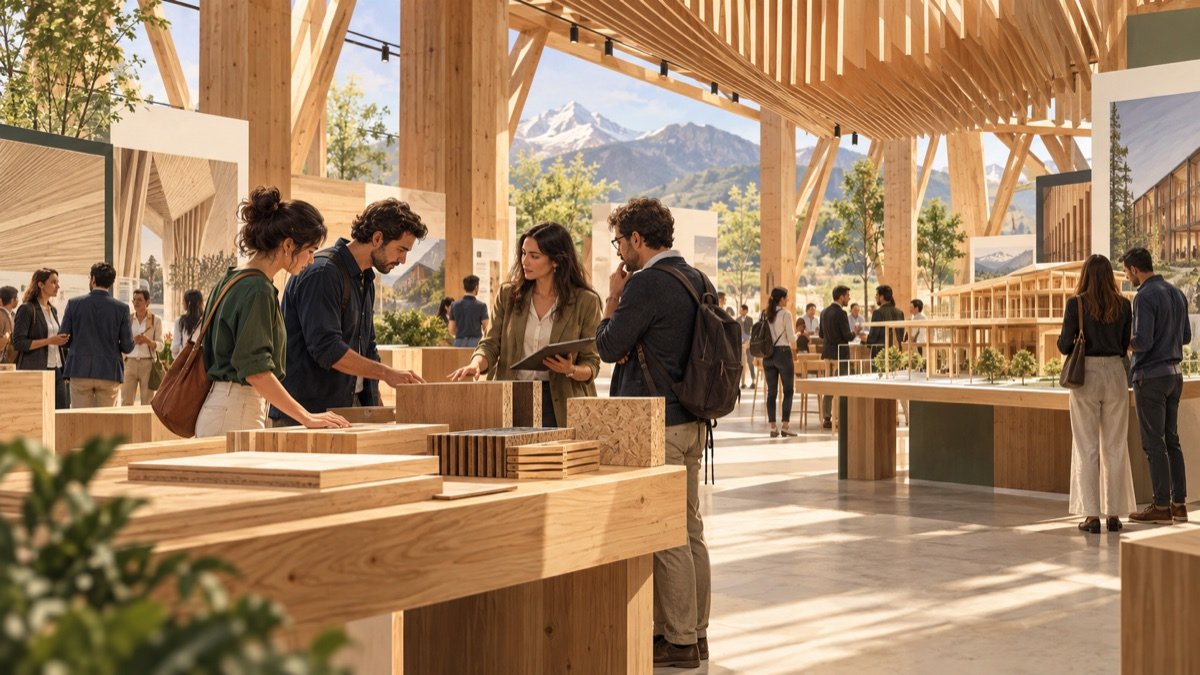 Visualización editorial conceptual de una feria profesional de arquitectura y construcción en madera, con muestras de materiales, prototipos y visitantes del sector.