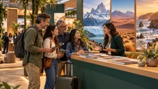 Ilustración editorial de visitantes que comparan destinos chilenos en una feria de viajes; no es una fotografía documental de VYVA.
