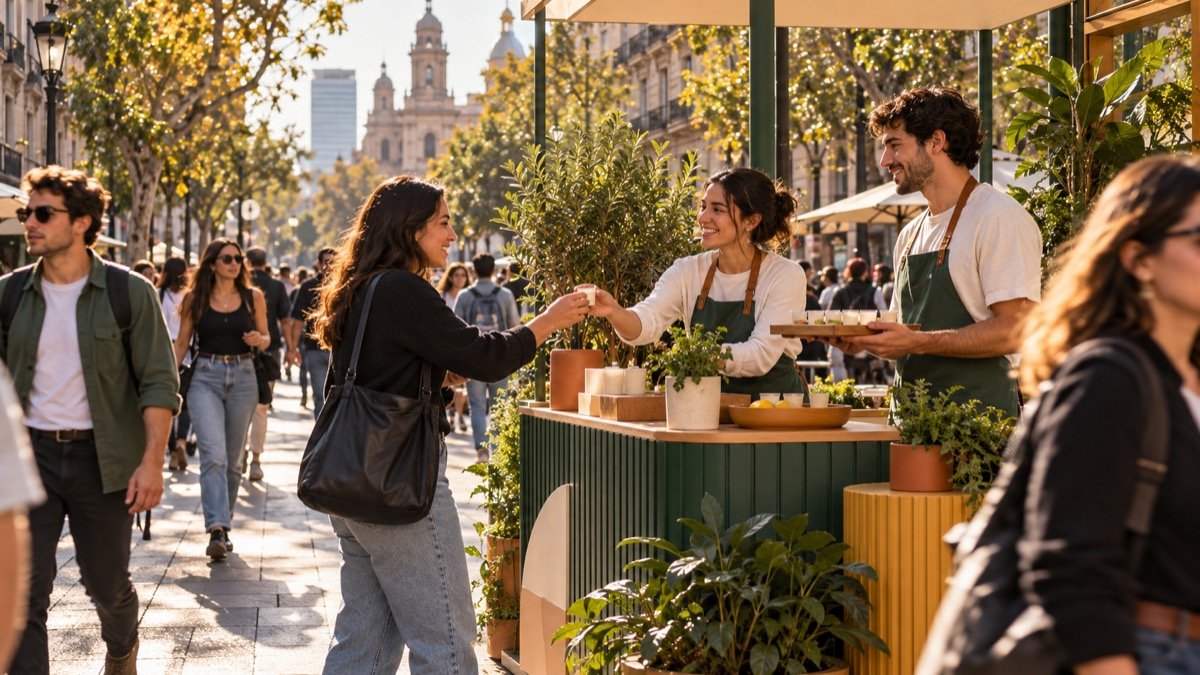 Equipo entrega una muestra a una visitante en un punto de activación de marca al aire libre.