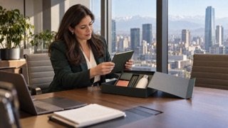 Escena conceptual de una profesional revisando un kit corporativo en una oficina; no representa a un banco real.