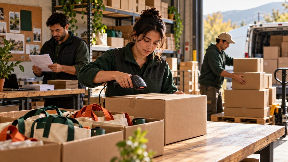 Equipo prepara pedidos promocionales y cajas de despacho en una mesa de logística.