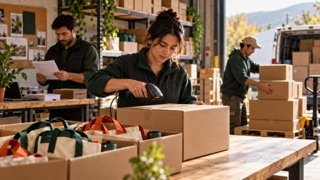 Equipo prepara pedidos promocionales y cajas de despacho en una mesa de logística.