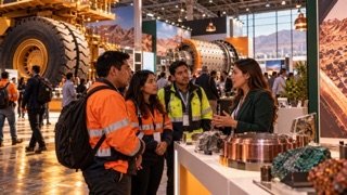 Profesionales revisan un stand industrial durante una feria minera, una fecha clave del segundo trimestre.