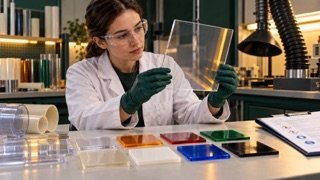 Especialista inspecciona muestras de polímero en una mesa de laboratorio como parte del control de calidad.