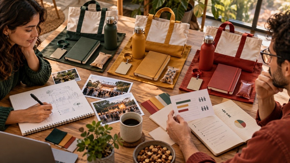 Equipo de marketing ordena muestras, calendario y materiales para diseñar una activación de marca.