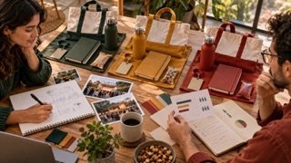 Equipo de marketing ordena muestras, calendario y materiales para diseñar una activación de marca.