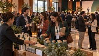 Asistentes conversan y exploran un stand dentro de una convención corporativa.