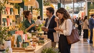 Visitantes recorren un stand de productos y marcas en una feria de retail y consumo.