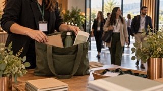 Coordinadora prepara un bolso de bienvenida con libreta y botella para asistentes que llegan a un seminario profesional.
