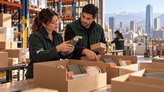 Escena conceptual de un equipo preparando kits en un centro de distribución; no documenta una operación real.