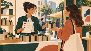 Ilustración editorial de una profesional que entrega un regalo promocional a una clienta en un punto de venta; no representa una campaña real.