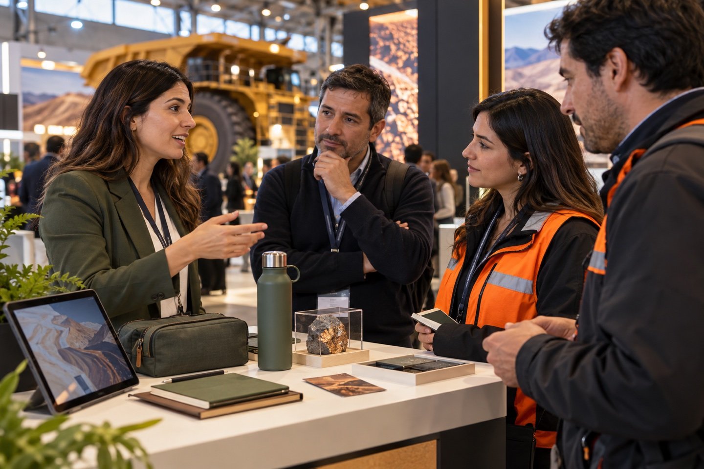 Profesionales conversan frente a muestras y artículos promocionales en un pabellón industrial; visualización editorial conceptual, no fotografía documental de Expomin o Exponor.
