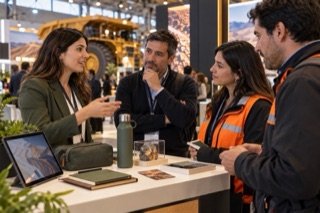 Profesionales conversan frente a muestras y artículos promocionales en un pabellón industrial; visualización editorial conceptual, no fotografía documental de Expomin o Exponor.