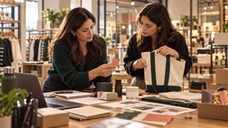 Escena conceptual de un equipo de marca comparando productos y materiales en una tienda de retail.