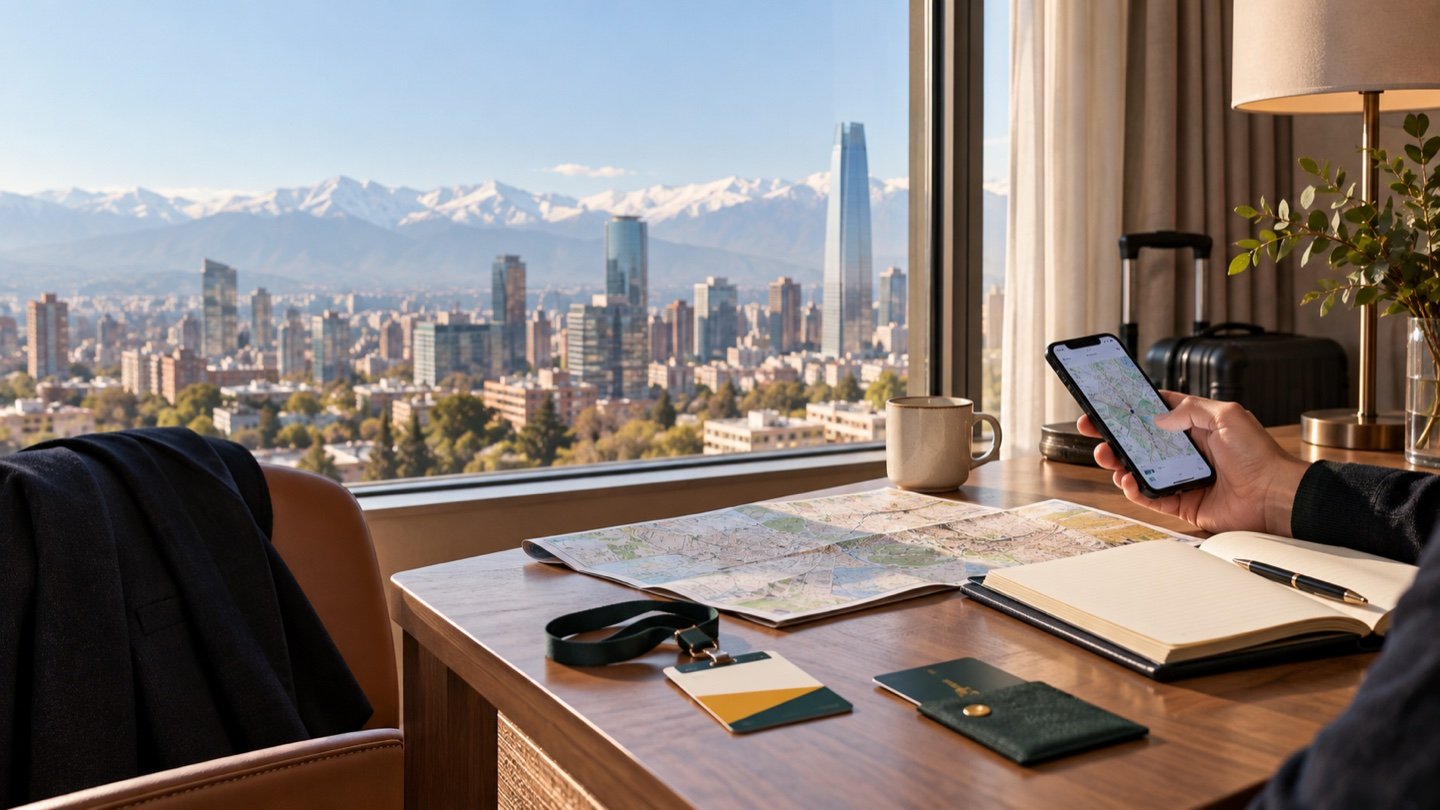 Planificación de alojamiento para viajes de ferias con vista editorial a Santiago y la cordillera.