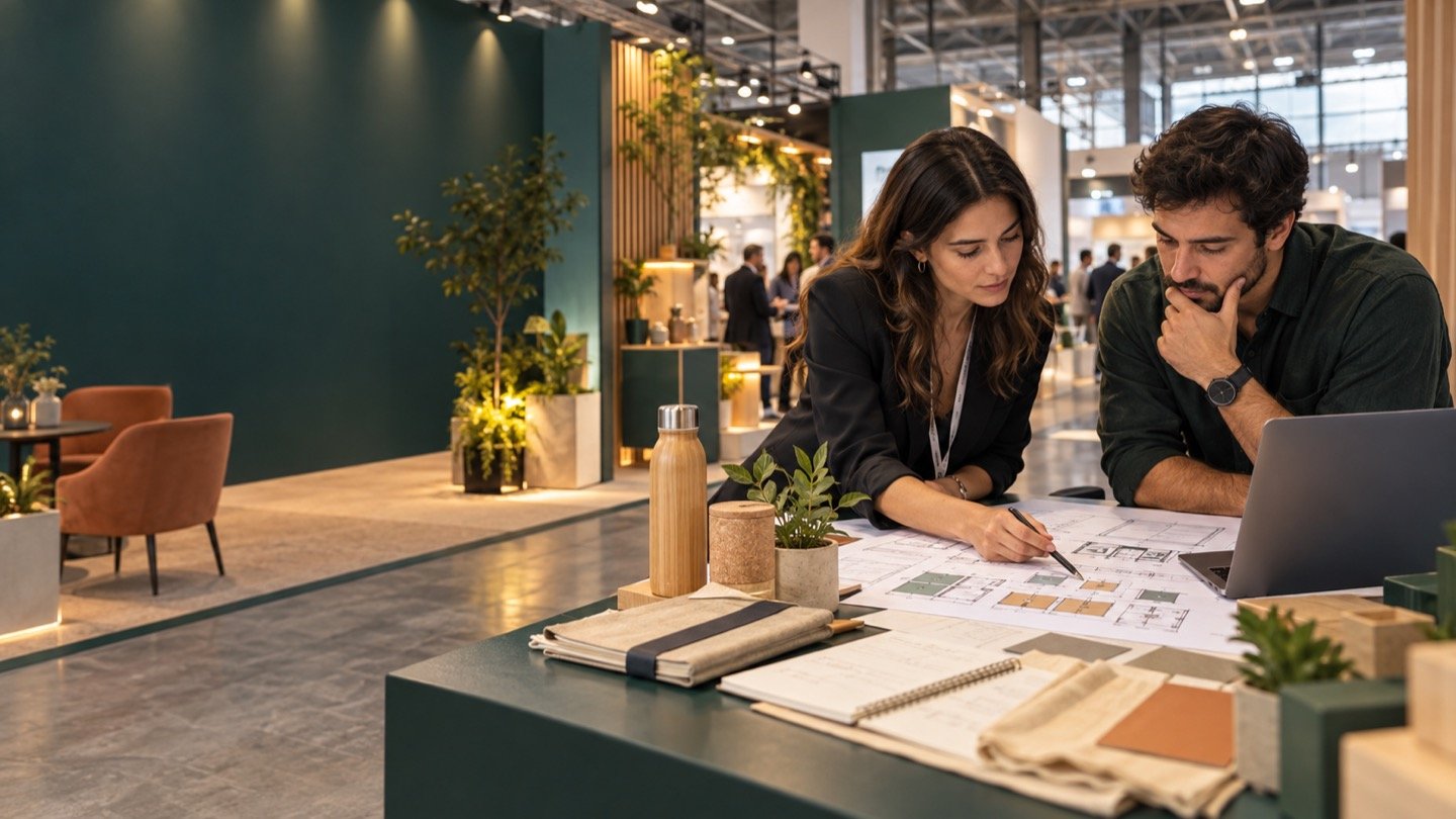 Equipo de marketing revisa planos y planifica costos de un stand en una feria profesional.