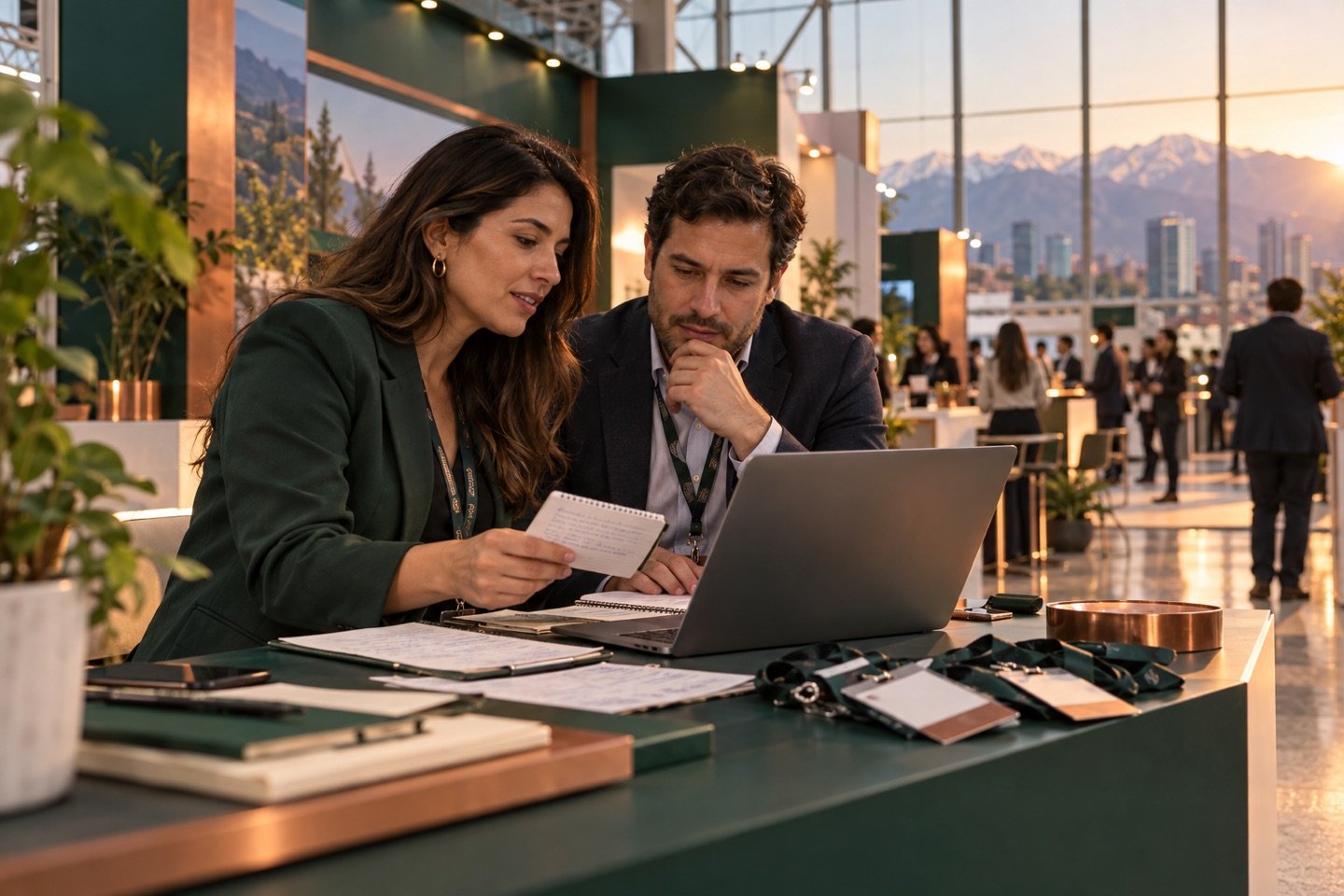 Equipo de marketing en Santiago revisa contactos y notas después de una feria profesional.
