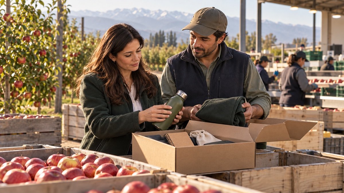 Equipo de agroindustria en un huerto frutal revisando un kit de temporada.